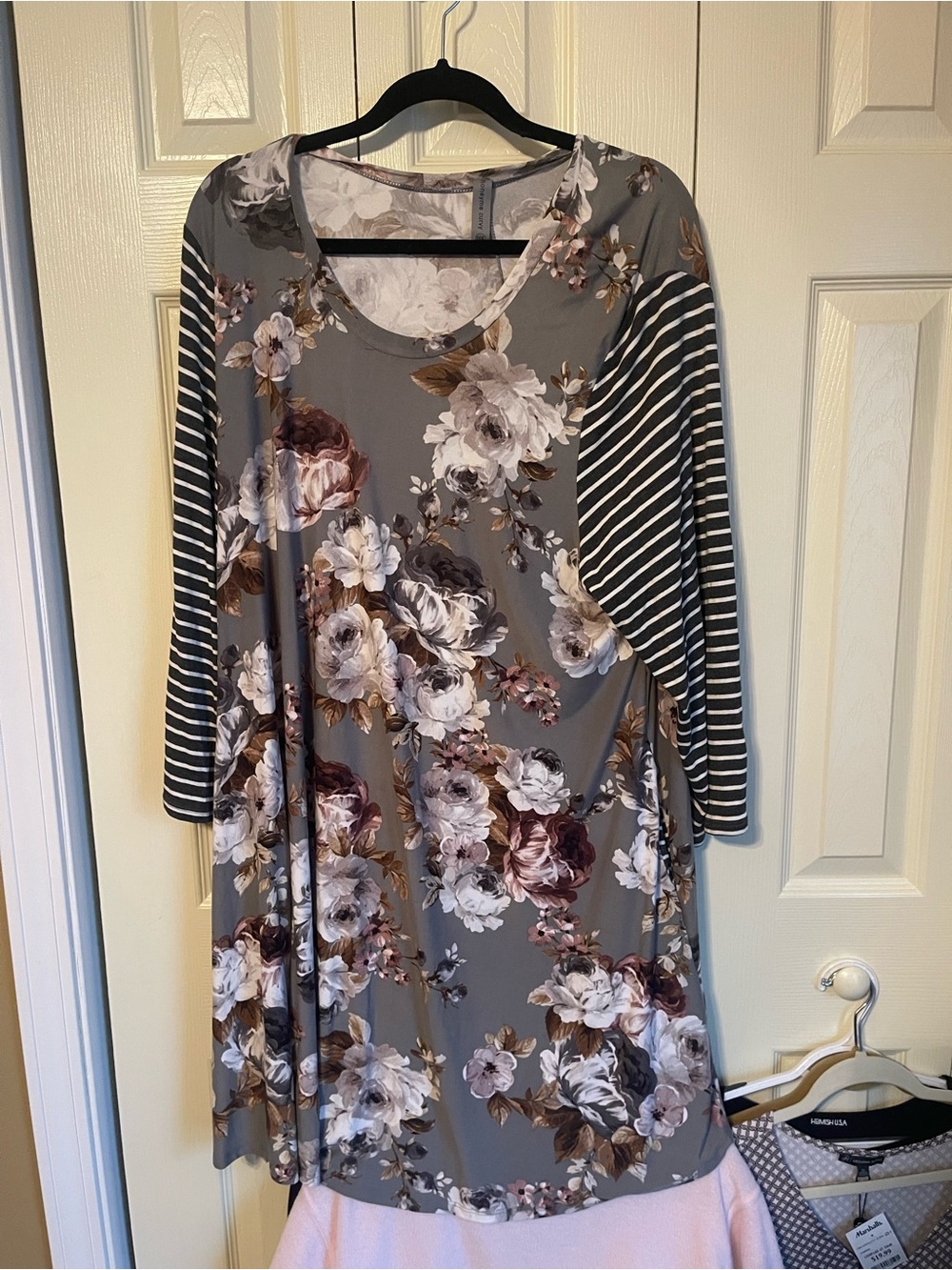 Honeyme Gray Floral Swing Dress with Striped Sleeve Accents